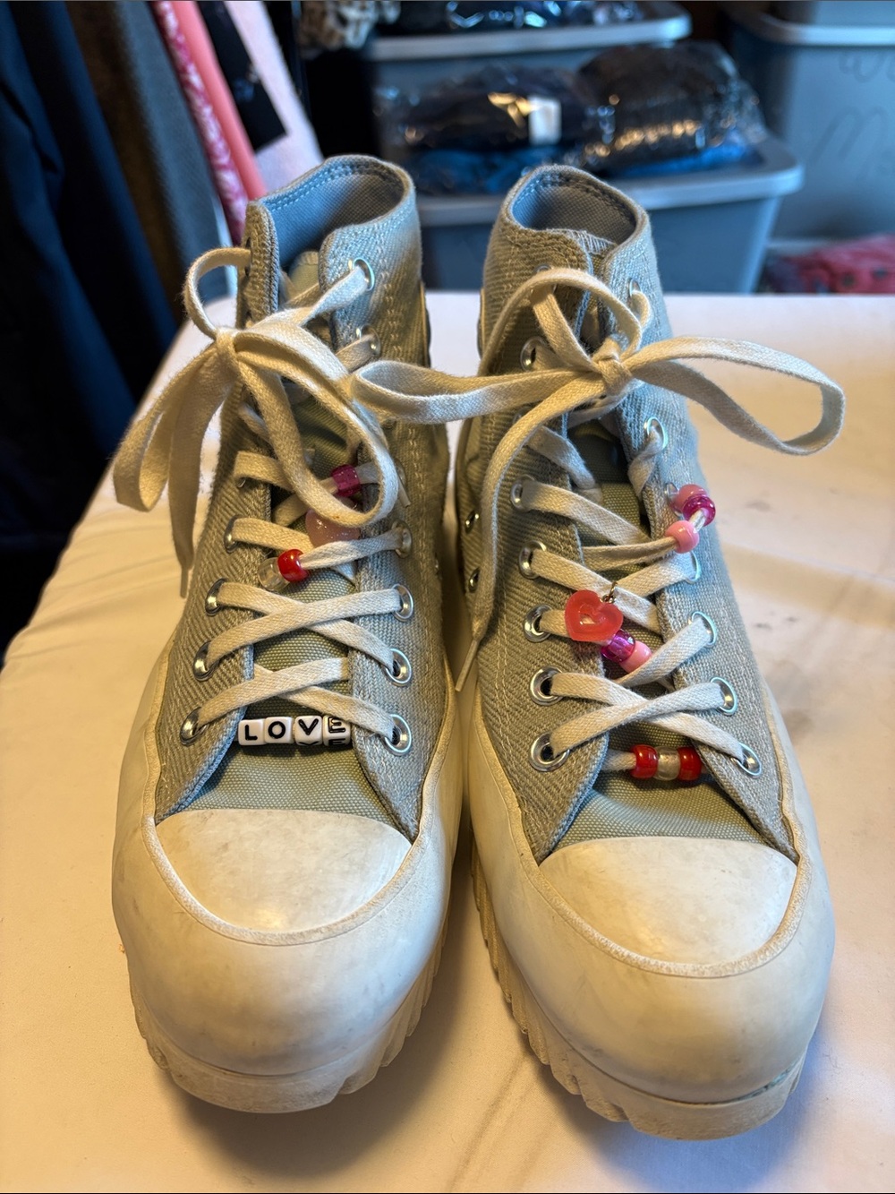 Converse Canvas High-Top Platform Sneakers in Light Green with Love Bead Detail